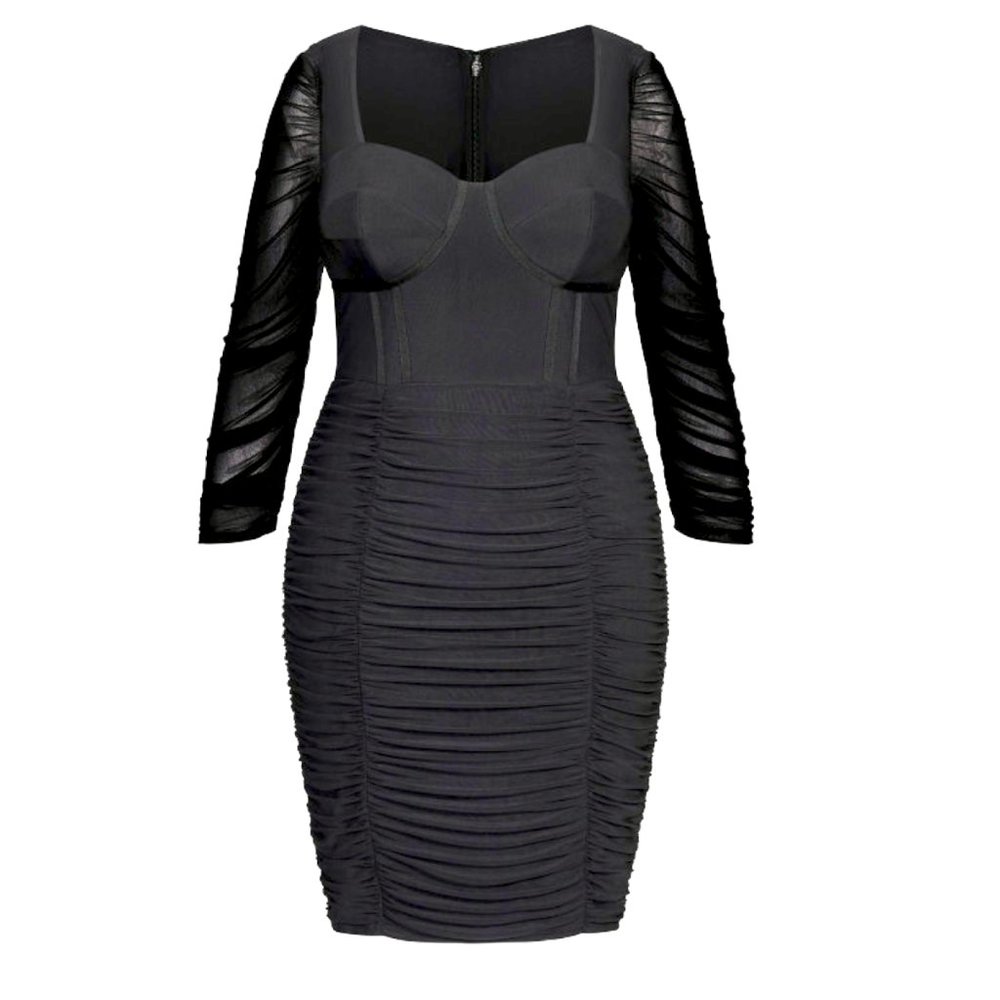 City Chic Black Ruched Midi Dress with Sheer Sleeves